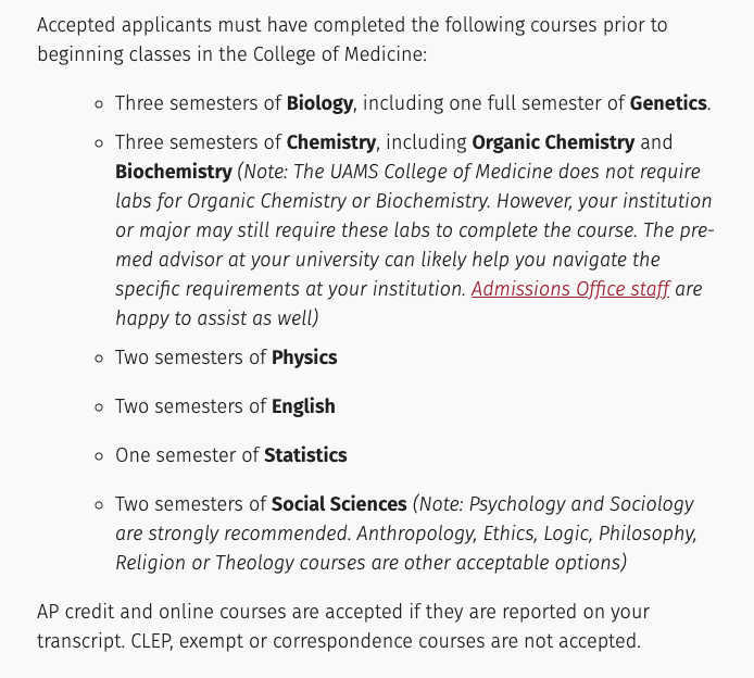 UAMS pre-requisite courses